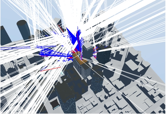 pnt-blog-2 Simulation of line of sight (white), reflected (red) and diffracted (blue) signals, San Francisco location